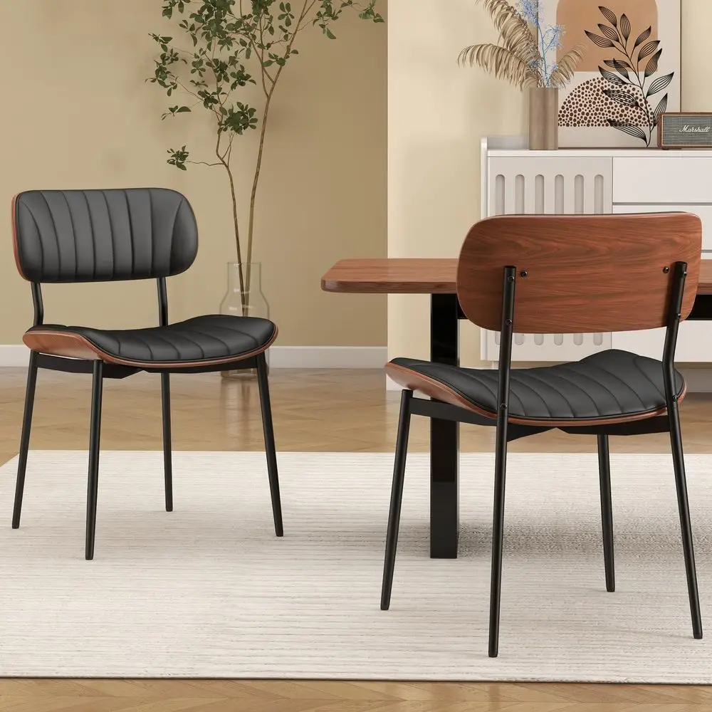 Dining Chairs Set of 2,Upholstered PU Leather Kitchen Chairs,Black Mid Century Walnut Bentwood Back and Metal Legs for Kitchen