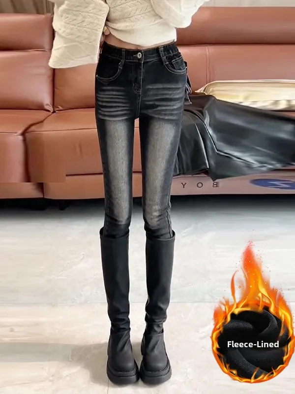 

Retro American Fce Lined Pencil Jeans Women's High Waist Thiened Warm Elastic Boot Friendly Slim Fit Winter Denim