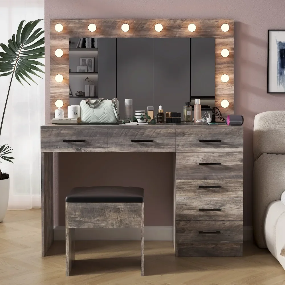 Vanity Desk Set with Large Lighted Mirror and Powre Outlet, Glass Top Makeup Vanity with 7 Drawers, Vanity Table Dressers