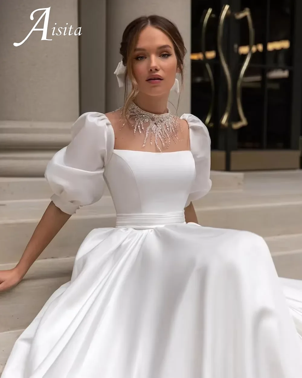 Elegant White Satin Wedding Dresses Square Collar A Line Puff Sleeves Bridal Gowns customized Vestidos De Novia With Sweep Train