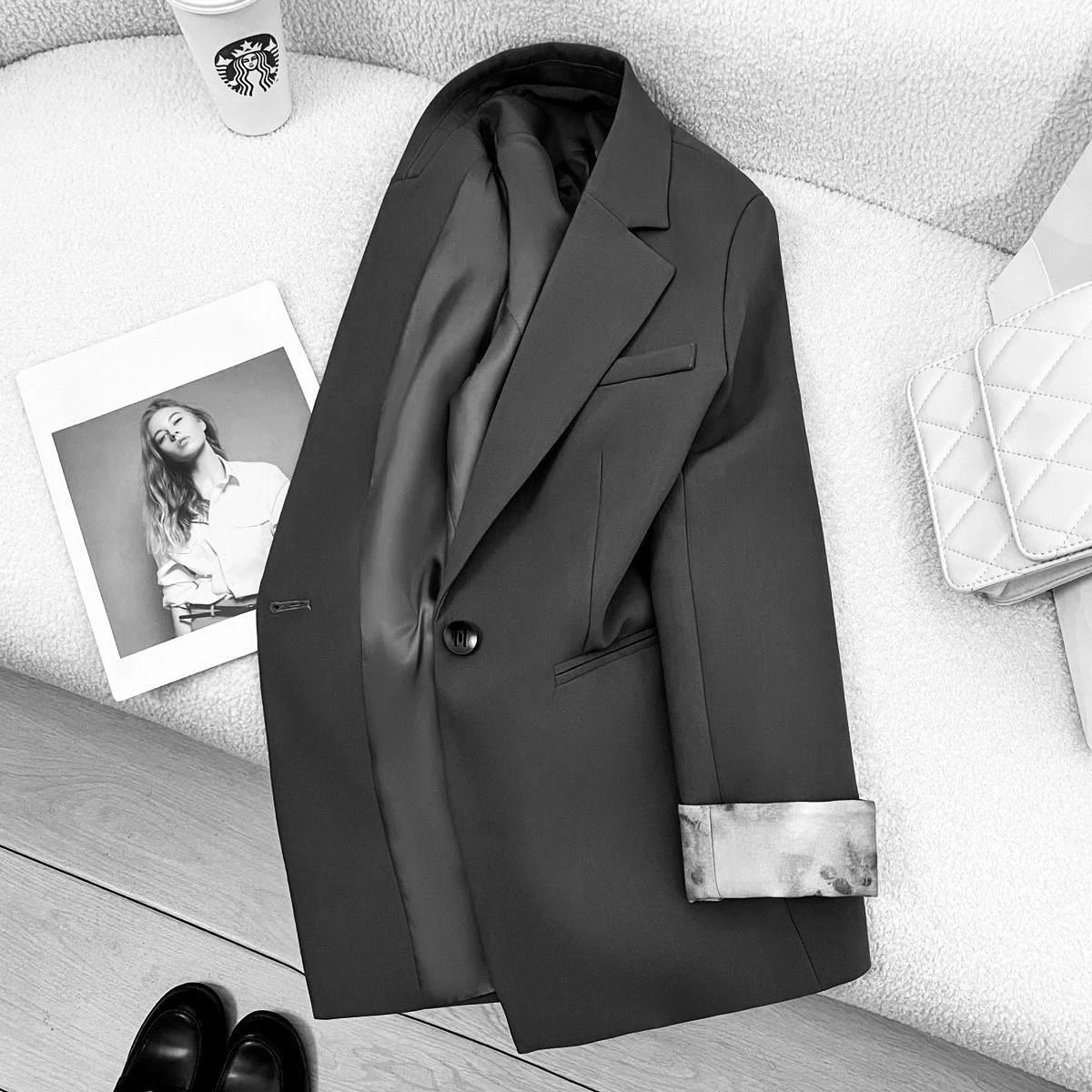 Women's Gray Casual Design Blazer 2026 Spring Unique Cuff Elegant Slim Fit Office Lady Chic Short Jacket Trendy Outerwear