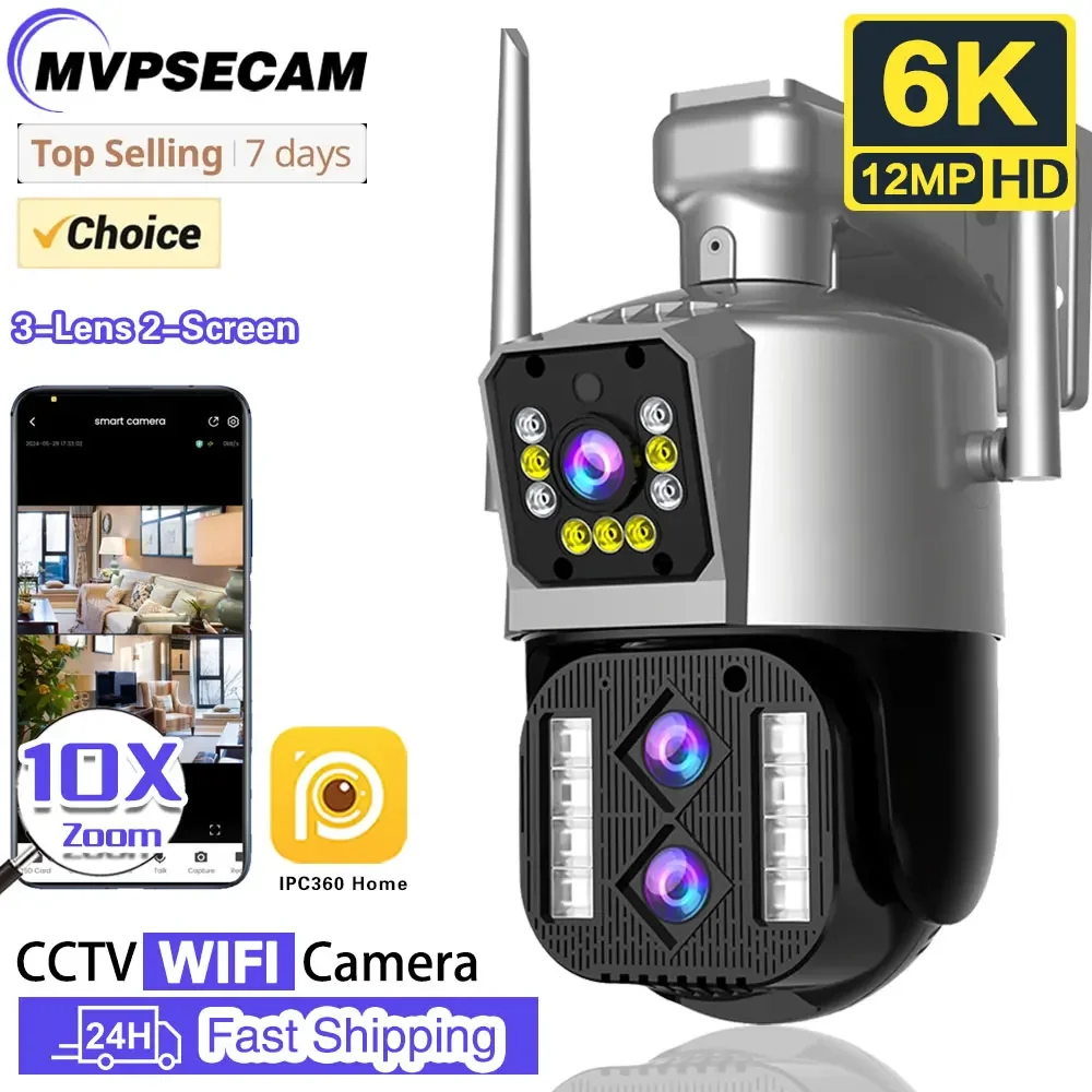 

12MP 6K WiFi IP Camera Outdoor PTZ Three Lens Dual Screens 10X Zoom Auto Tracking Human Waterproof 4K CCTV Security Protection