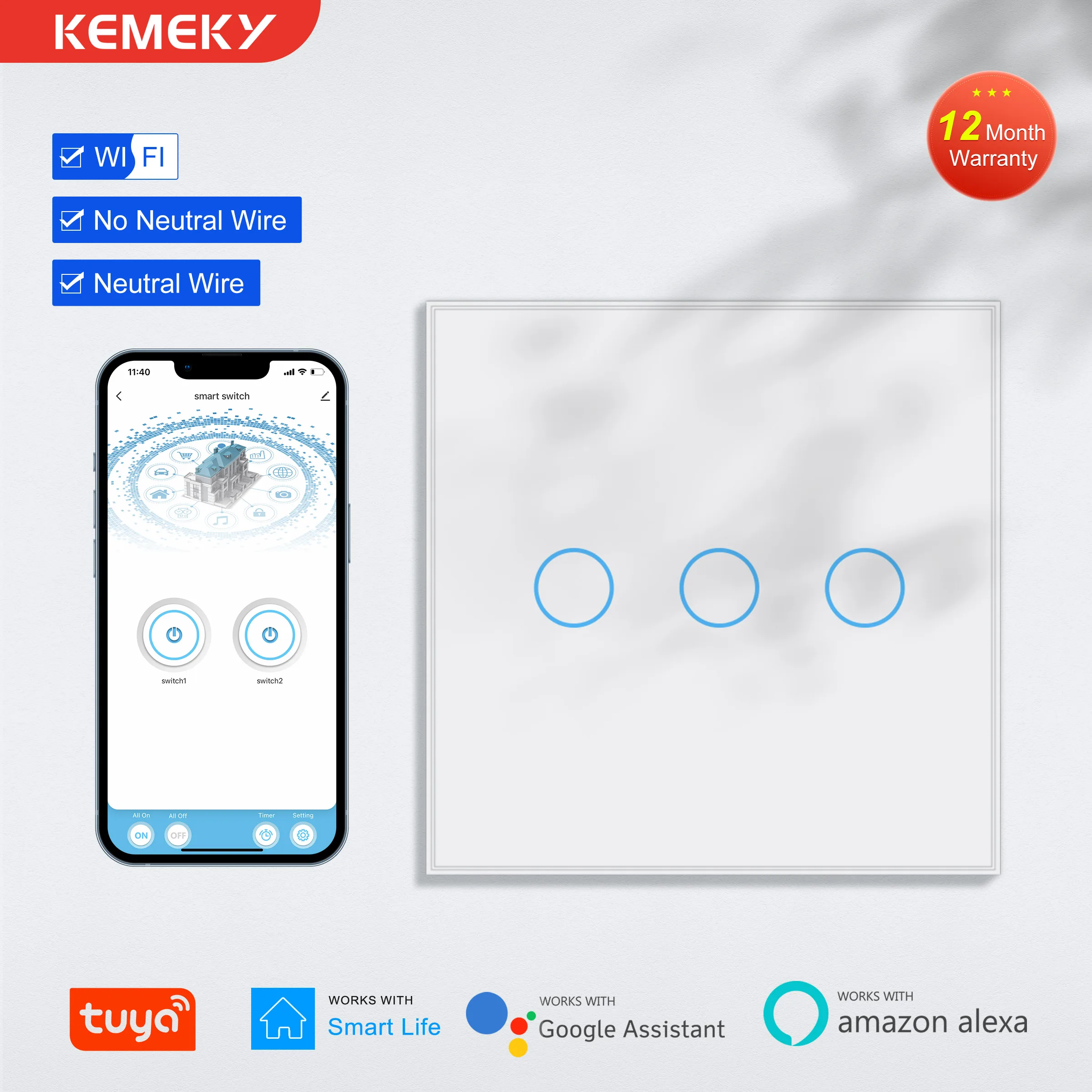 KEMEK Smart Wifi Wall Touch Switch EU No Neutral Wire Required Smart Light Switch 1 2 3 Gang 220V  Works with Alexa Hey Google