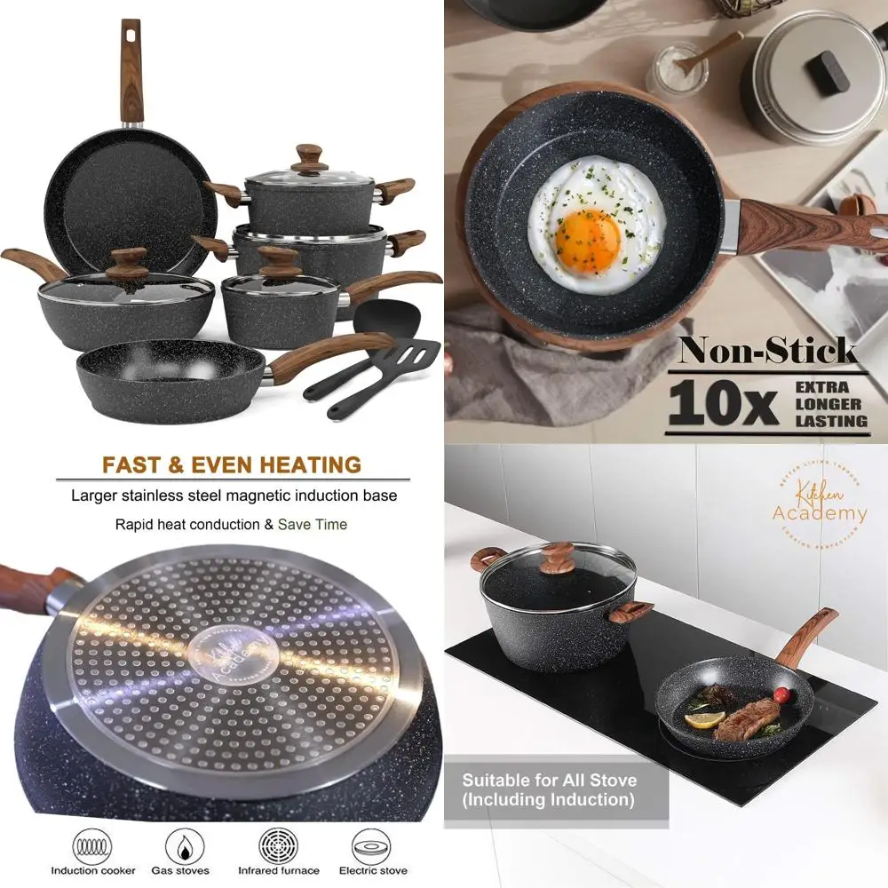 

Kitchen Academy 12-Piece Non-Stick Cookware Set: Healthy Black Granite Induction Cookware