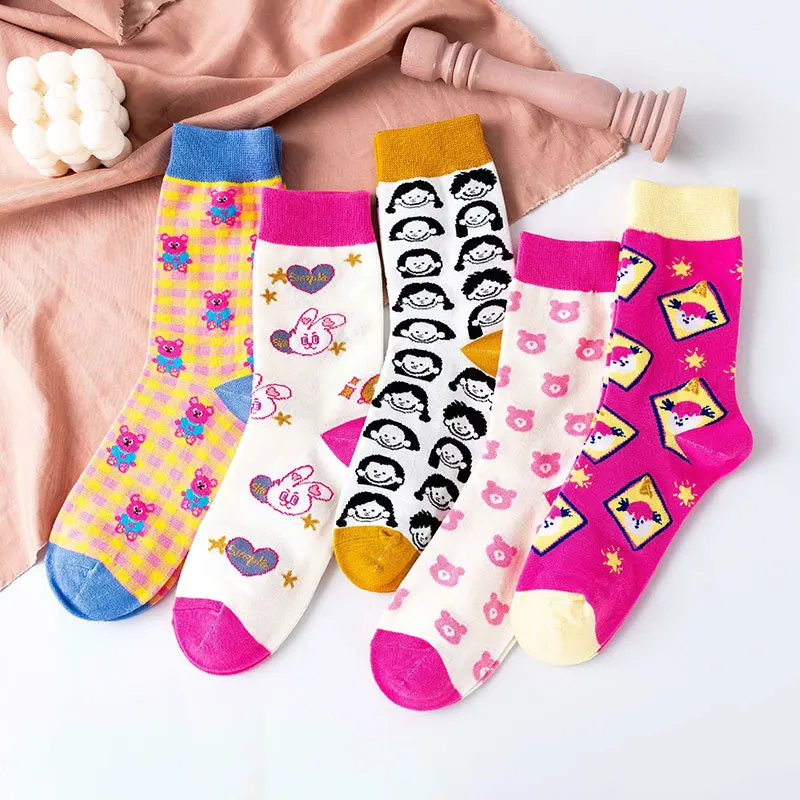 Chaussettes de dessin animé de style japonais Harajuku pour femmes, coton avec ours Kawaii, chaussettes de lapin drôles, printemps, automne, hiver,