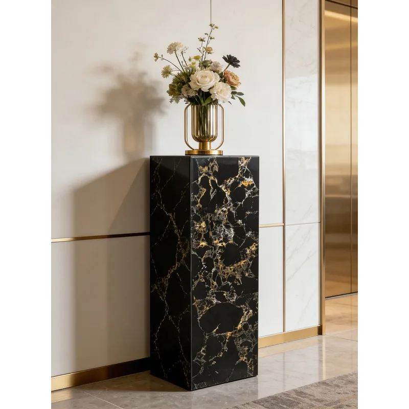 Modern light luxury black gold flower marble base ornament, living room entrance, high-end ornament, column, stone pier