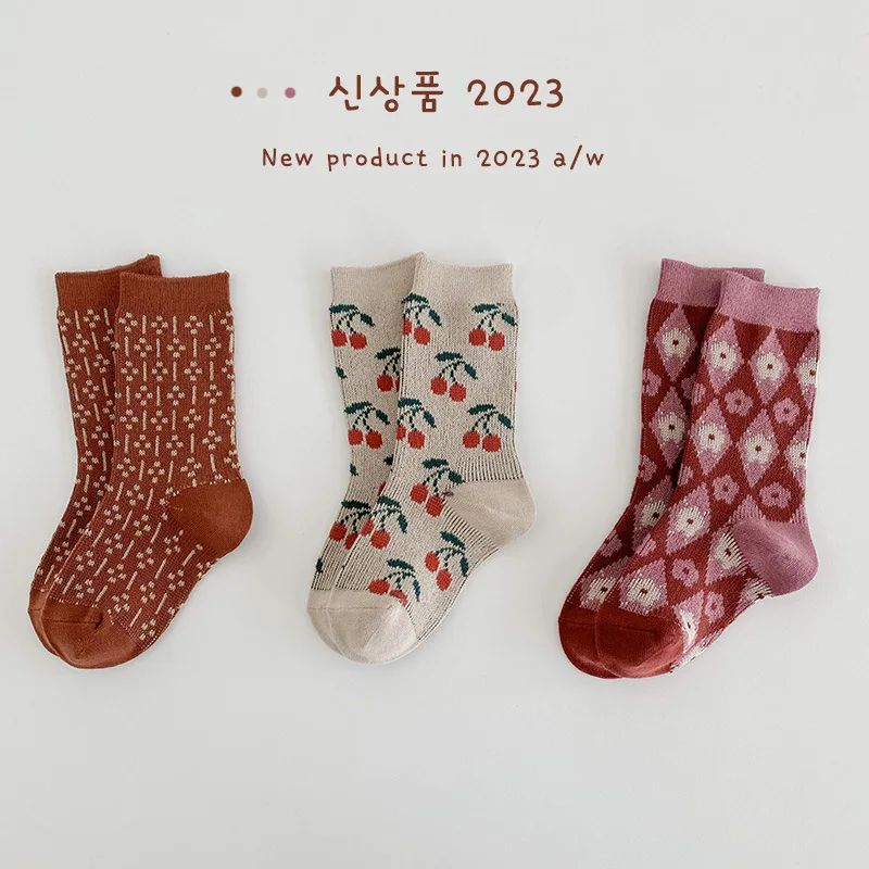 Children Socks Autumn Winter Girls Socks Kids Fruit Cherry Flowers Pattern Calf Length Cotton Socks Boys