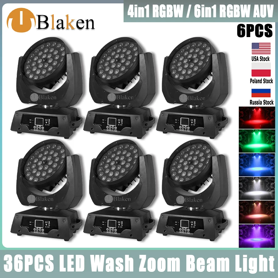 

0 Tax 6Pcs LED Wash Zoom Moving Head Light 36x12W RGBW 4In1 36x18w Rgbwauv 6in1 Touch Screen DMX512 DJ Disco Party Stage Light