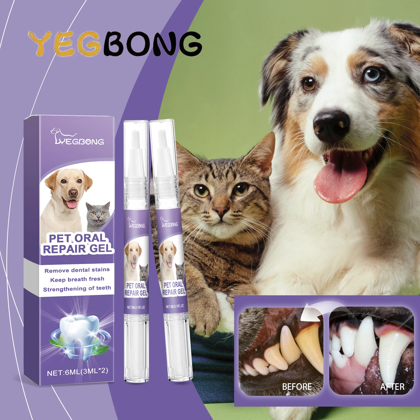 YEGBONG 2PCS Pet Oral Care Gel Bad Breath Freshening Tartar Control Gentle Cleaning Vet Recommended for Dogs Cats All Breeds