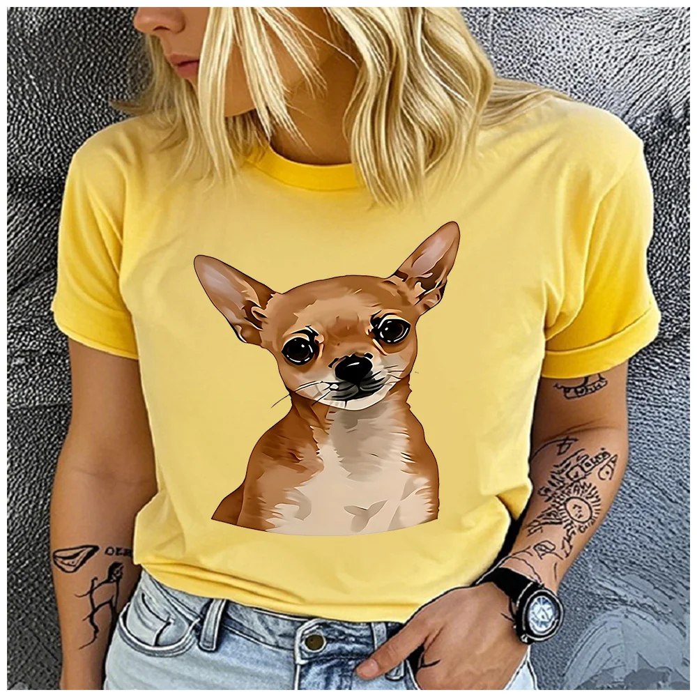 Cotton 100% Cute Brown Chihuahua Dog Graphic T Shirt Women Casual Realistic Puppy Print Short Sleeve Tee Gift For Chihuahua Pet