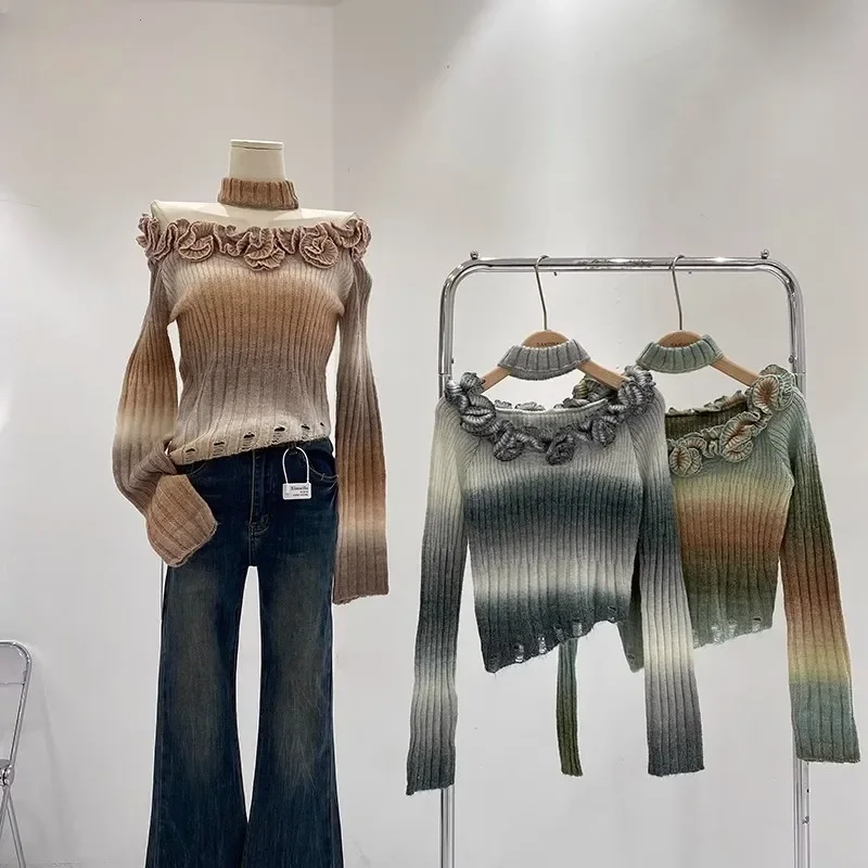 Fashion Y2k Gradual Color Knit Shirt Fall/Winter New Elegant Vintage Flower One-Shoulder Slim Ripped Irregular Sweater Top Women