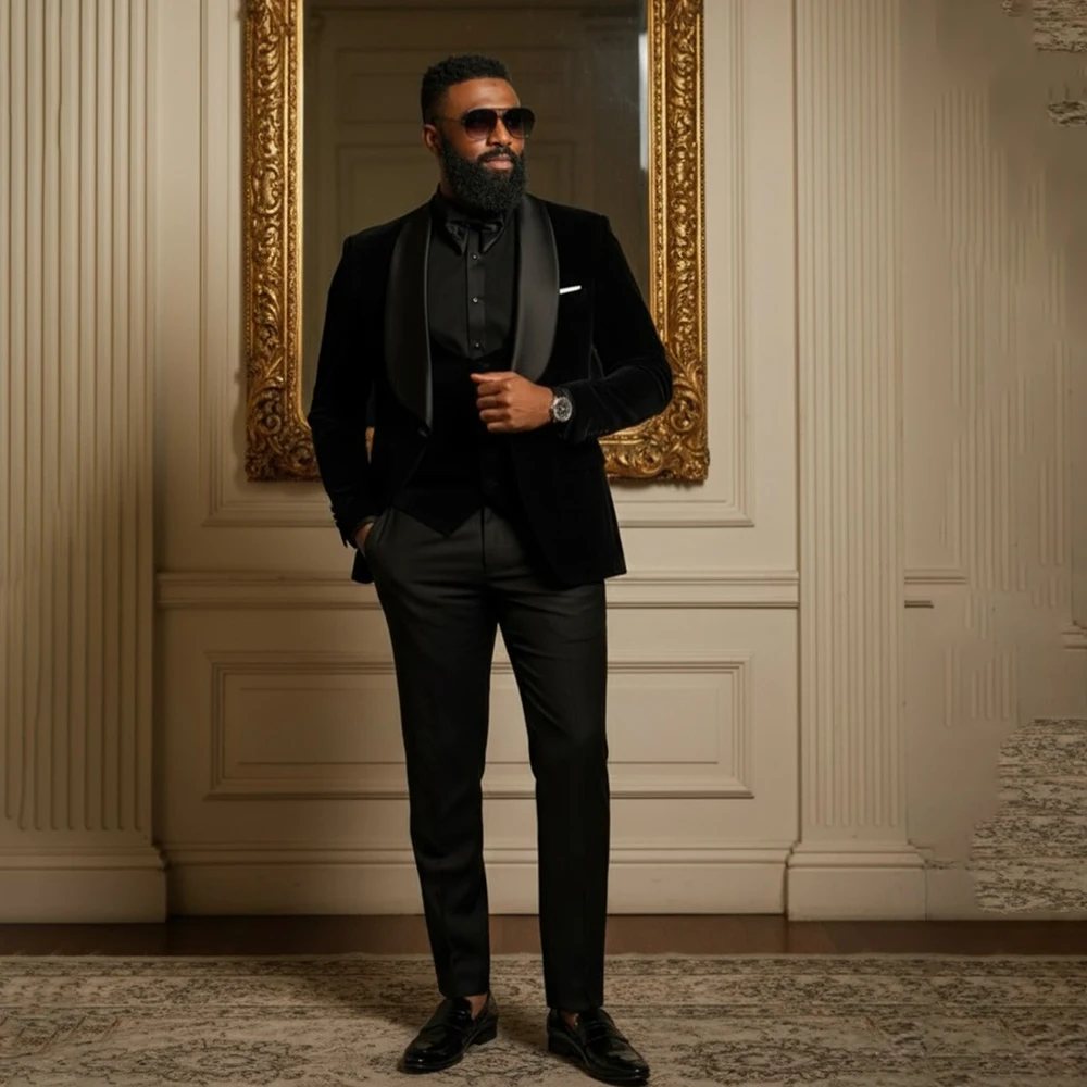 

Fashion Black Men's Suits 3 Piece Jacket Pants Vest Luxury Single Breasted Shawl Lapel Slim Fit Male Clothing Costume Homme