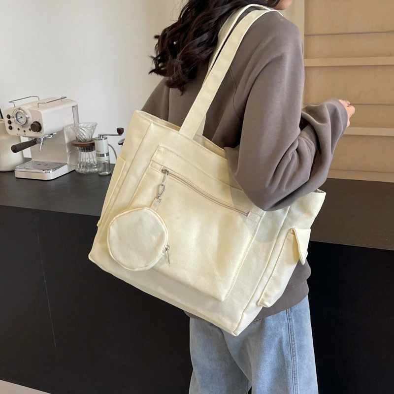 حقيبة حمل قماشية ذات سعة كبيرة للعمل والتنقل على طراز الكلية وحقيبة كتف للكتب مع محفظة مستديرة #3