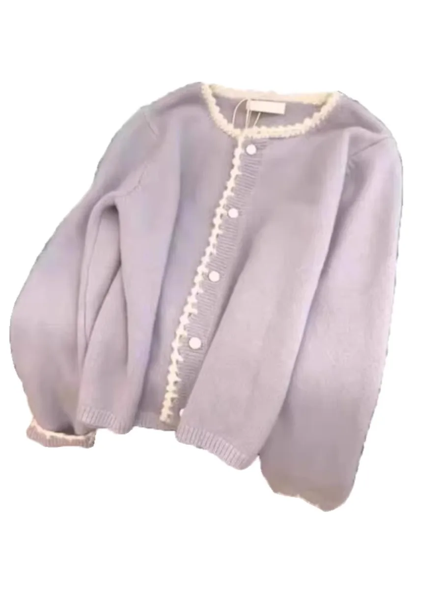 Soft Purple Sweater Cardigan Sweet Lace Edge O-neck Single Breasted Top 2024 Spring Autumn New Korean Long Sleeved Loose Kniter