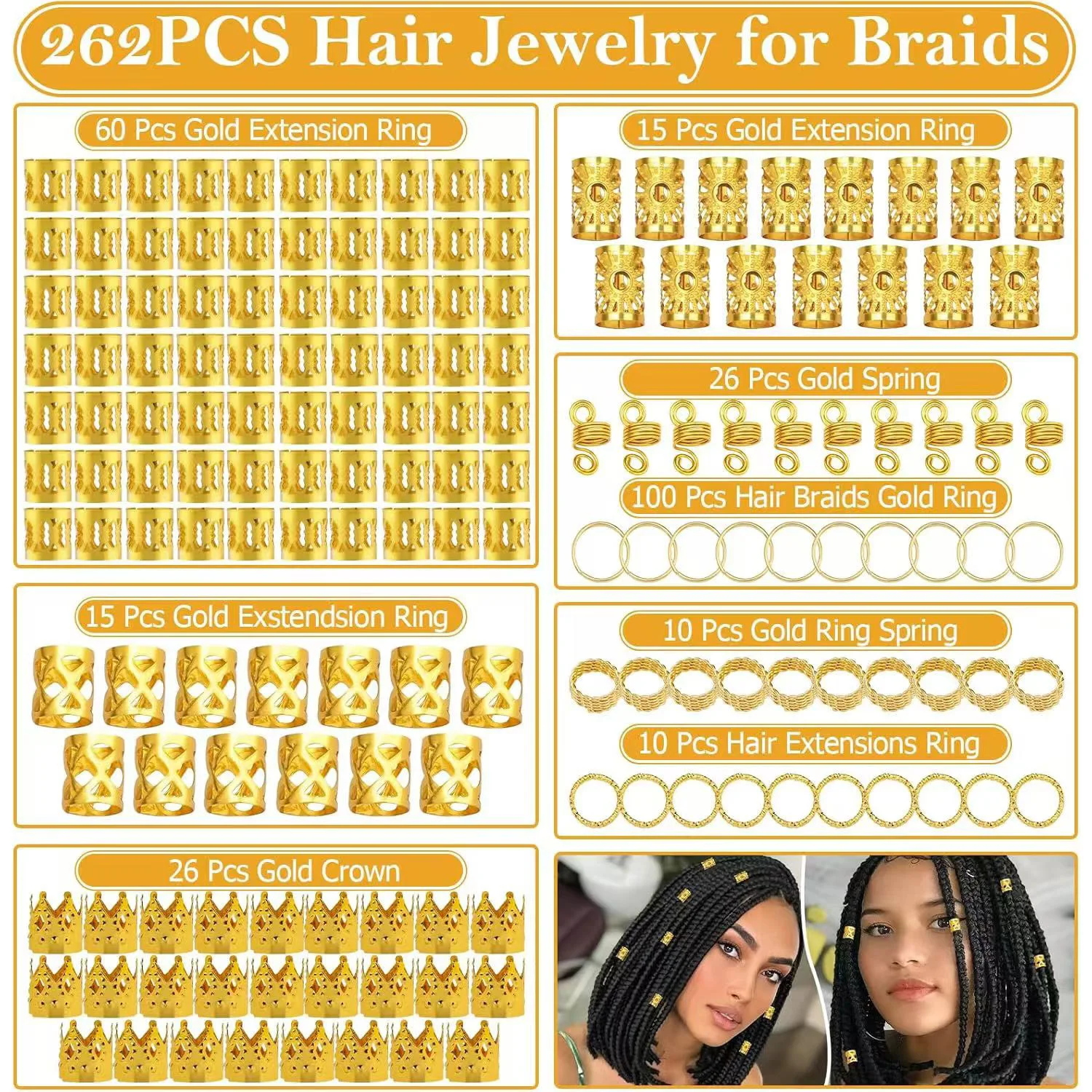 

Premium 262 Count New Dreadlocks Headwear Set with Electroplated Spring Crown Sun Hair Extension Ring for Wig Decoration