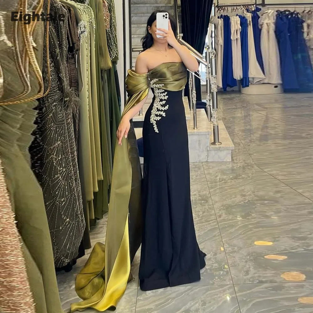 

Eightale Arabic Evening Dress Prom Gown Customized Appliques Black Skirt Strapless Wedding Party Dress Mermaid Robes De Soirée