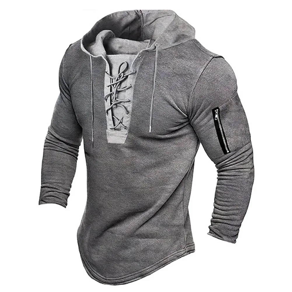 Mens Casual Hoodie For All Seasons Zip Lace Up Hoodie Dark Grey Casual Sweatshirt Leisure Style Slight Stretch