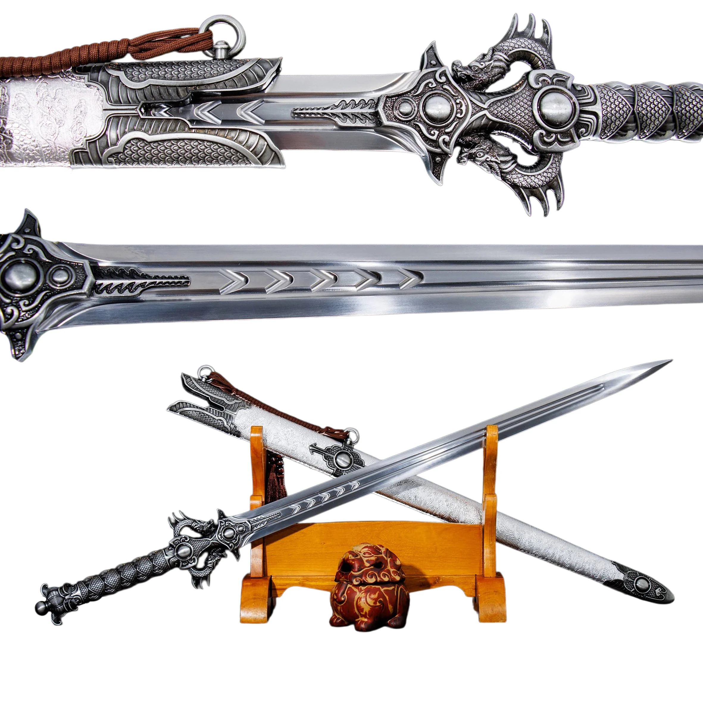 

Katana Medieval Cosplay Two-headed Dragon Samurai Sword Carbon Steel Blade Sharp Martial Arts Training Combat Knight Ninja Gift