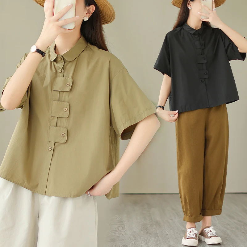 Corte holgado Color puro abotonada ort Sve irt para mujer diseño de verano versátil Casual algodón irt ropa de oficina de moda