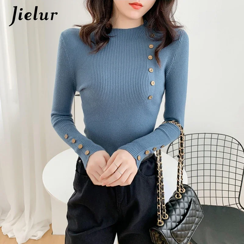 Jielur 7 Colors Autumn New Korean Women's Sweater Half Turtleneck Slim Buttons Knit Sweaters Pullover Simplr Basic Top Blue Gray