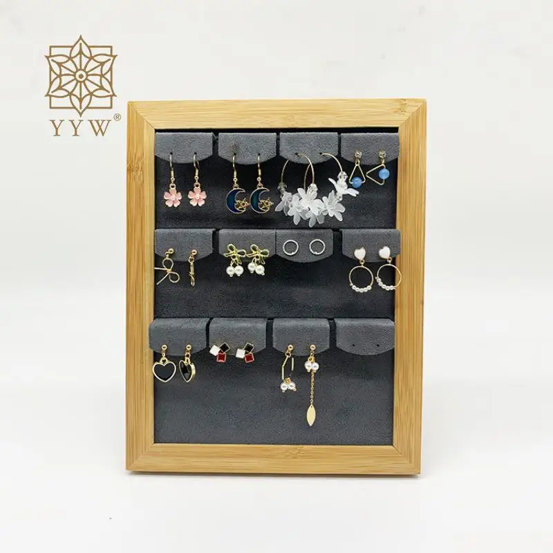 Earrings Bamboo Display Stand For Women Simple Rack Ear Studs Jewelry Show Holder Rectangle Storage Plate With Grey Packages