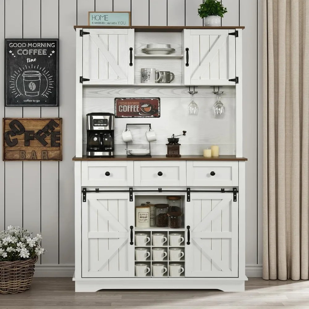 Farmhouse Coffee Bar Cabinet with Sliding Barn Doors,72” Tall Kitchen Pantry Cabinet with Wine , Kitchen Hutch Buffet Cabinet