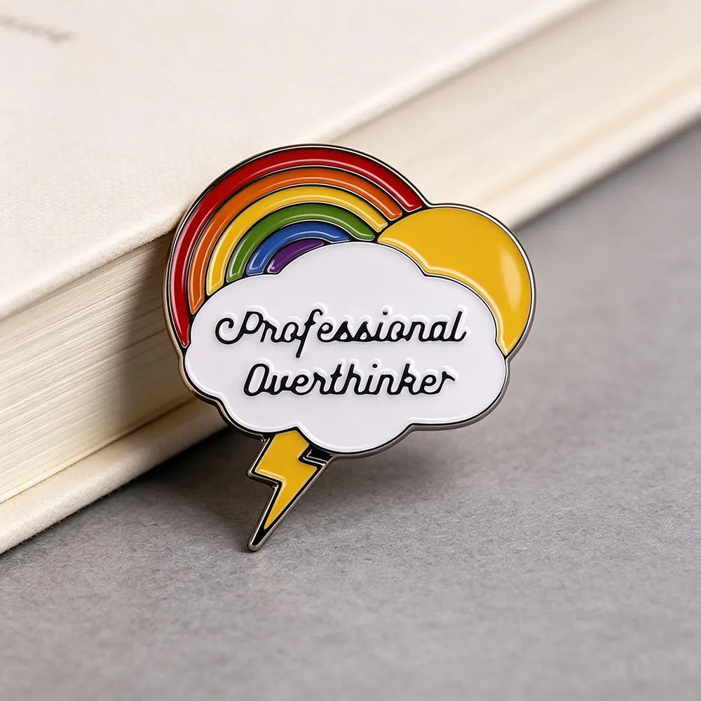 Professional Overthinker Enamel Lapel Pin Rainbow Cloud Lightning Metal Brooch Inspirational Badge Backpack Clothing Decor Gift