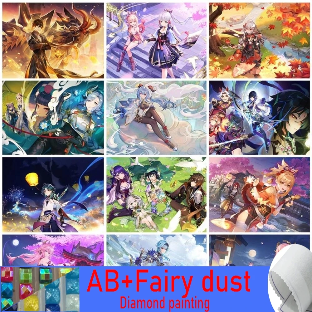 120 Colors AB Fairy Dust Diamond Painting Genshin Impact Cartoon Character Cross Stitch Kits Game Fantasy Mosaic Picture Decor