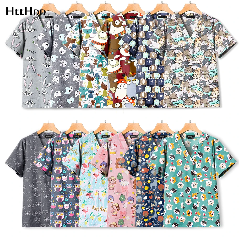 Wholesale Hospital Uniform Scrubs Cartoon Printed Scrub Tops Women Men Soft Fabric Nursing Top Uniform 100% Cotton Surgical Gown