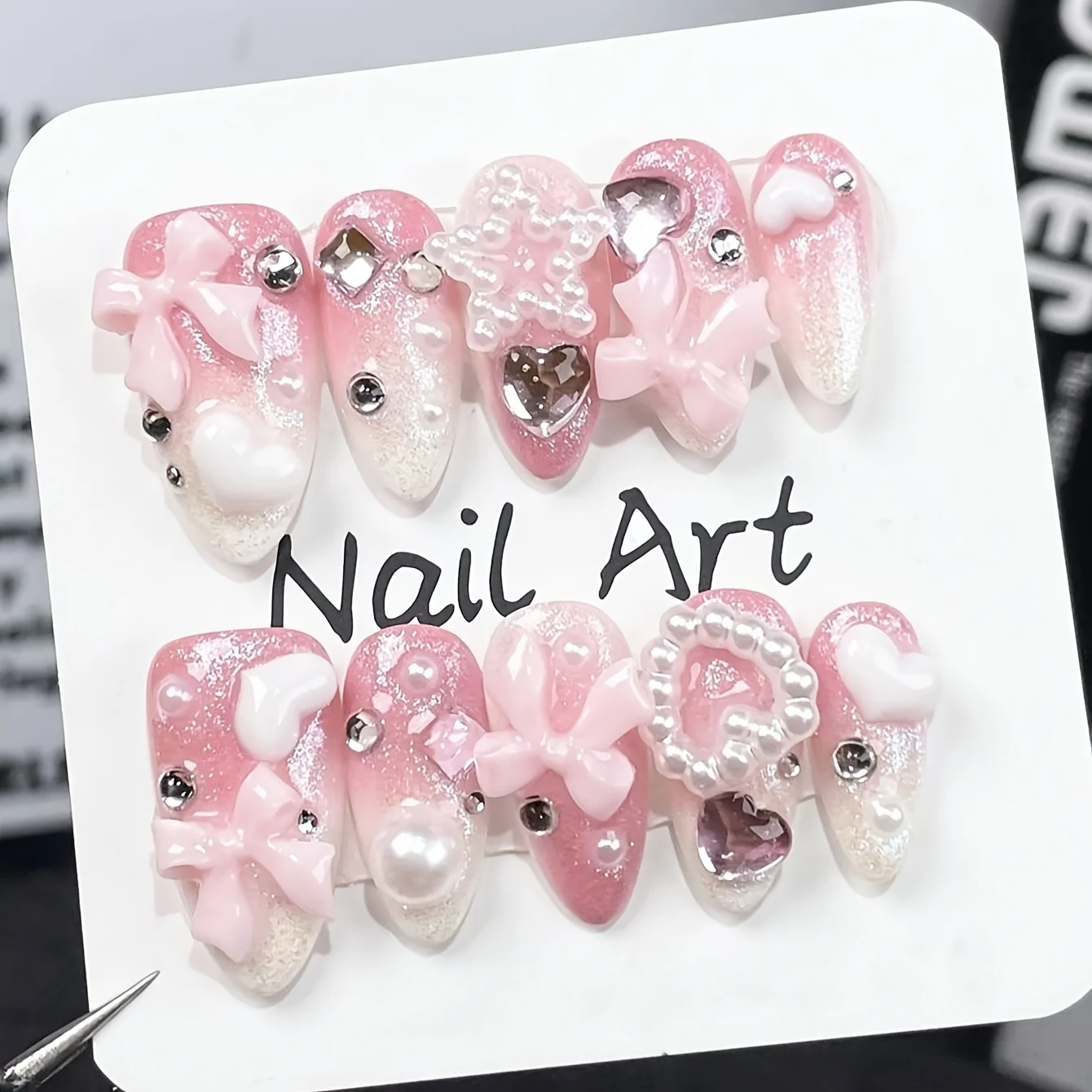 10 Stück hochwertige, süße, handgemachte künstliche Nägel im Mädchenstil, niedliche, mädchenhafte, rosa Nagelaufkleber für Frauen – Detail 6