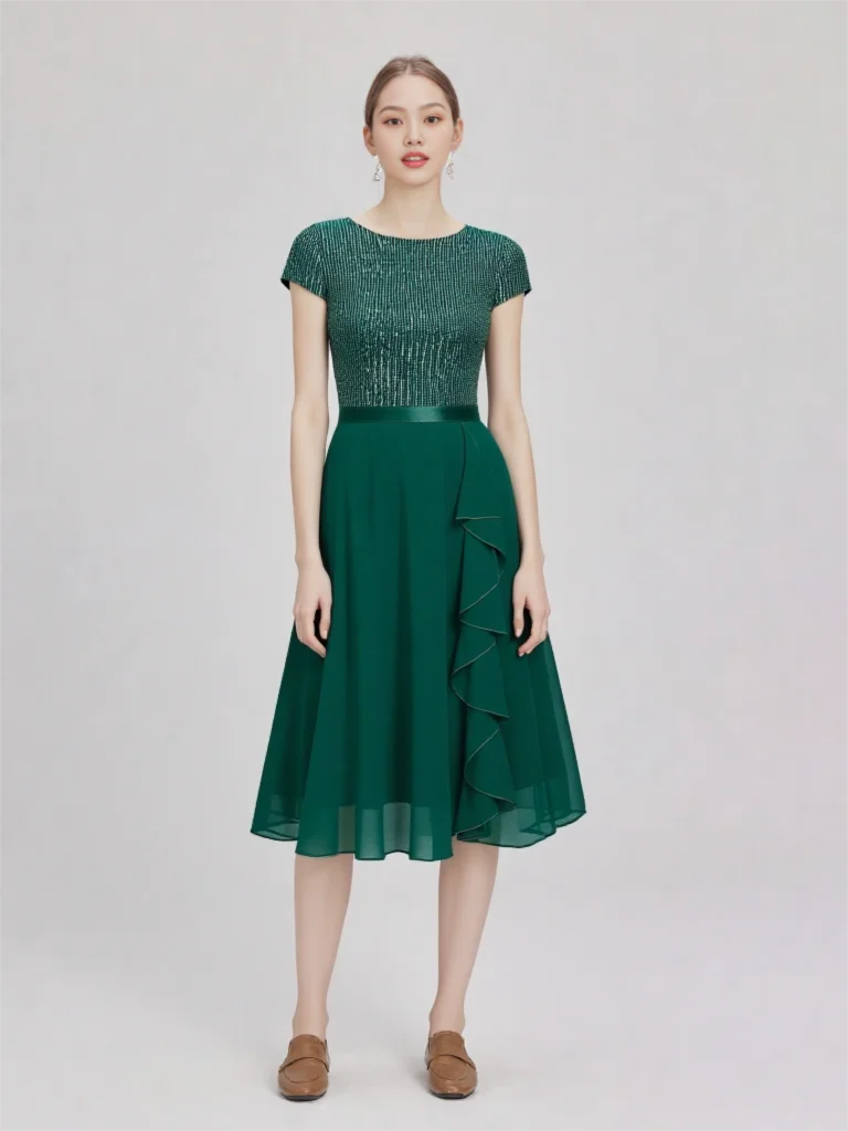 

Round Neck Short Sleeve Fashion Sequins Ruffles Bridesmaid Party Prom Dress