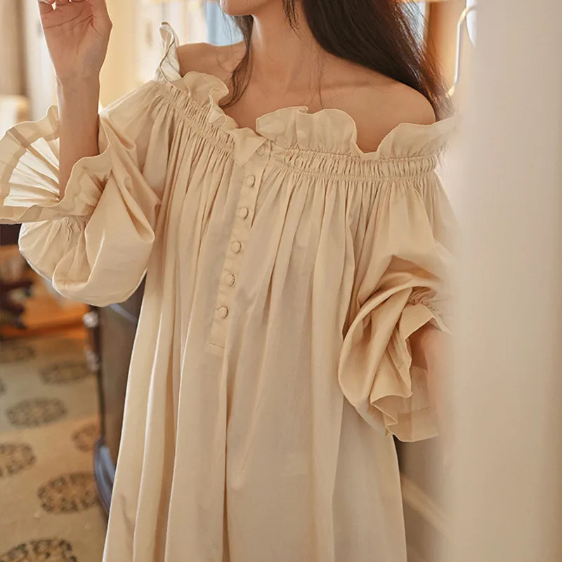 Women Vintage Apricot Full Sleeves Nightgowns Sexy Off-Shoulder Long Ankle-Length Nightdress Victoria Loose Plus Size Nightie