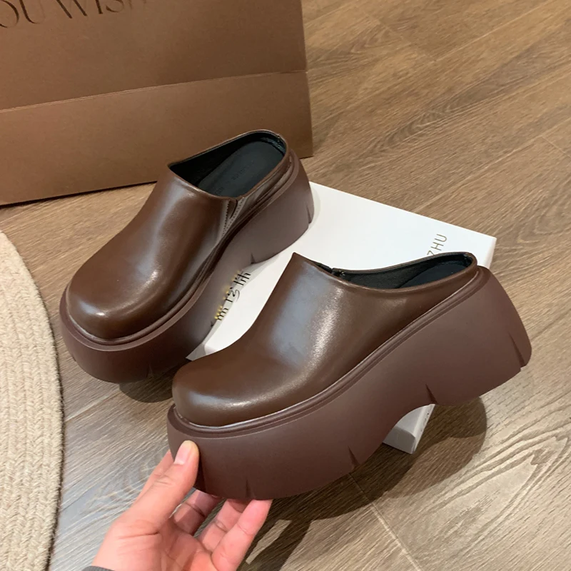 

Women's Summer Outdoor Slip-On Thi Bot Heightening Mule Sandals Bu Ken Single oes Anti-Slip Casual Sle PU Material