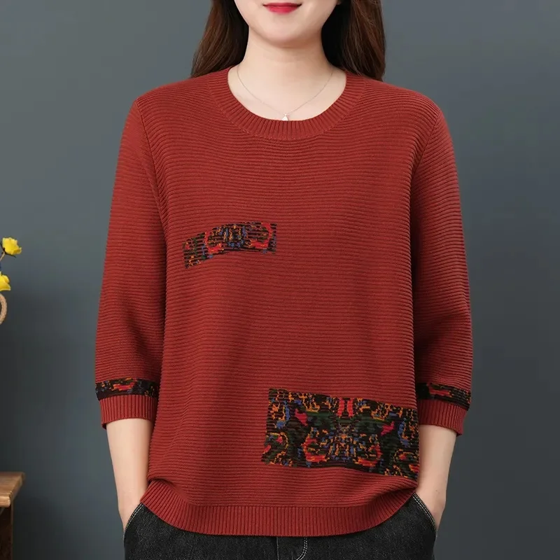 Thin Ethnic Style Cotton Knitted Shirt T-shirt Female 2023 Spring Summer New Literary Retro Loose Show Thin Leggings Solid Color