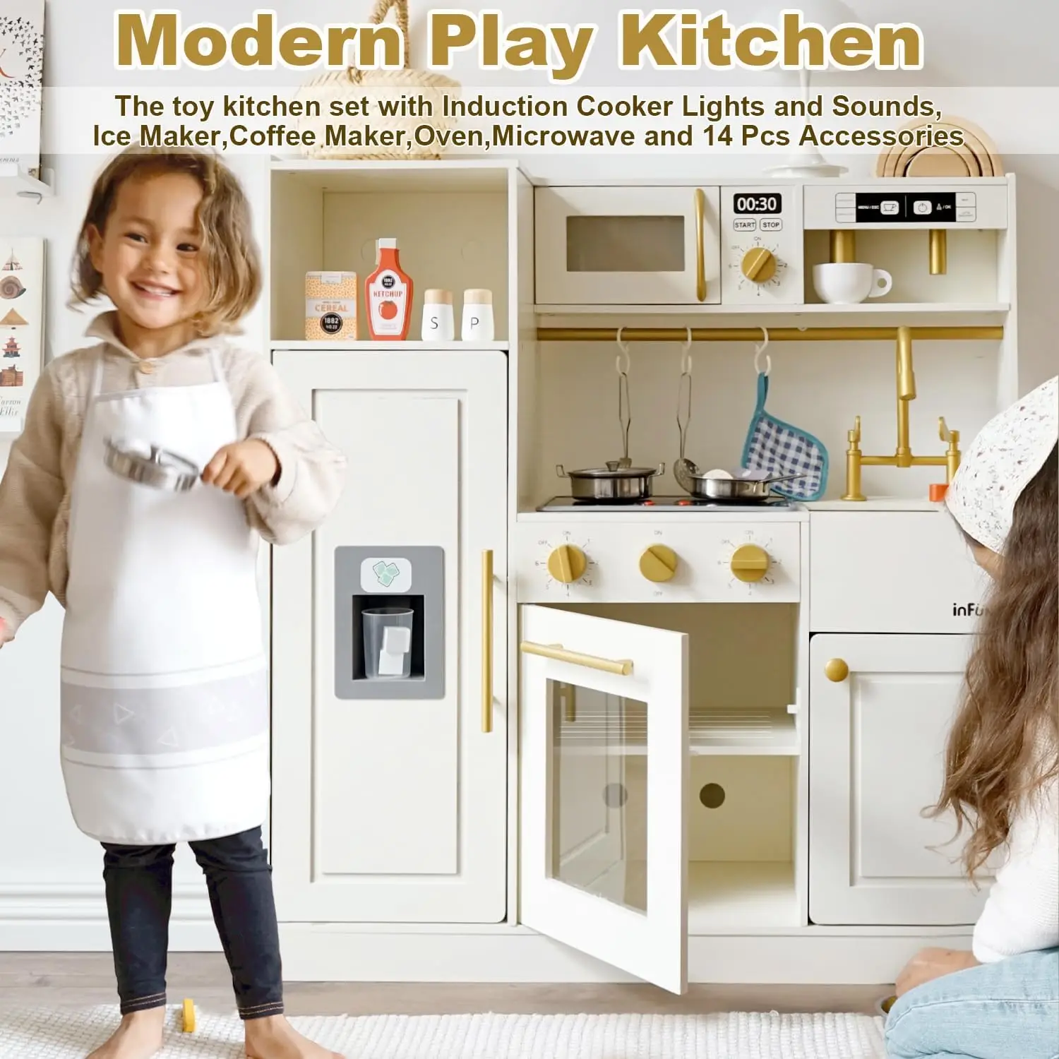 Wooden Play Kitchen for Kids Toddlers,Kitchen Playset with Stove,Oven, Sink, Fridge and Accessories Toy Kitchen Set with Plenty