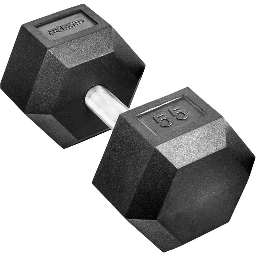 دمبل سداسي مطاطي من Rep Fitness - وحدات فردية أكثر من 55 رطلًا وأزواج من 5 إلى 50 جنيهًا - رائحة منخفضة، قبضة مخرشة بالكامل