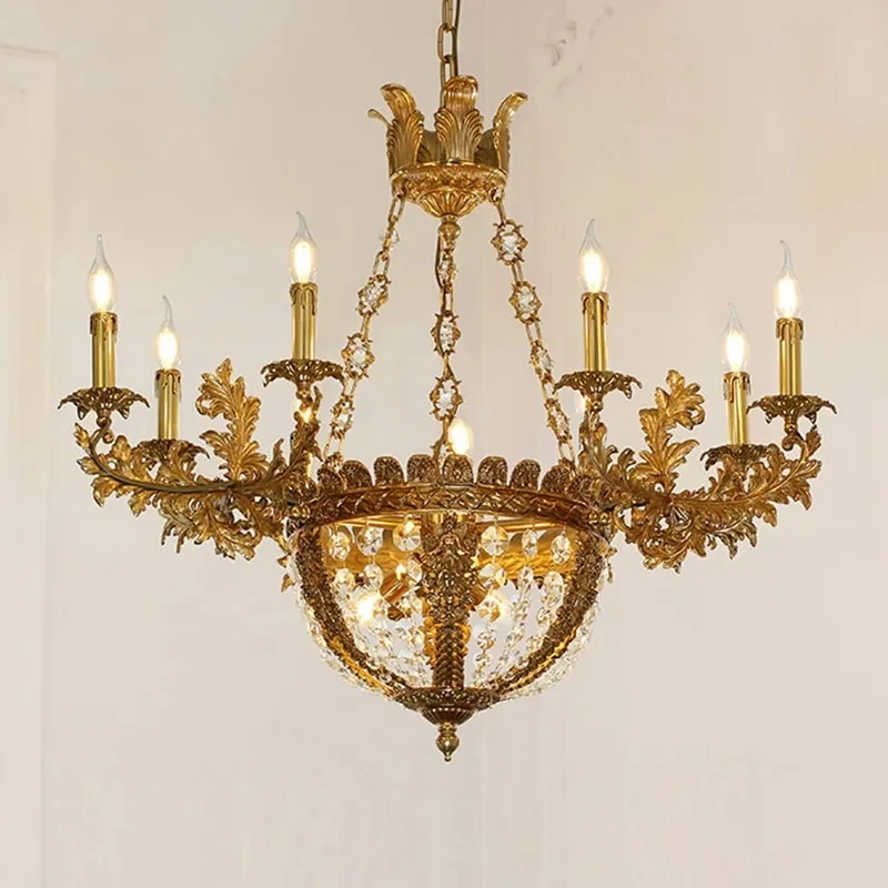 

9 Candles All-copper Chandelier Baroque Style All-copper Crystal Chandelier French Living Room Villa Retro Luxury Bedroom Dining