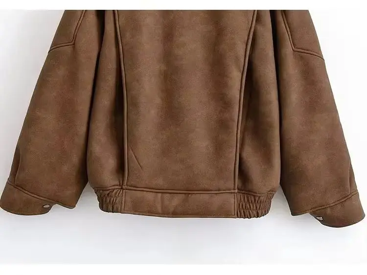 Hh mulher elegante inverno estilo rua mangas compridas lapelas zíper cinto bolso decoração revestido de couro falso jaqueta de pele