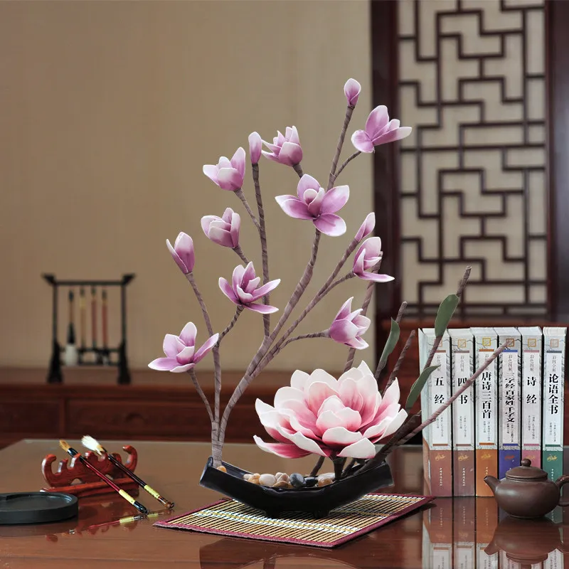 

Chinese Ceramic Vase Magnolia Fake Flower Ornaments Home Livingroom Table Furnishing Decoration Hotel Desktop Figurines Crafts