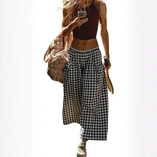 Plaid Loose Fit Pants Mid Rise Casual with Pockets Lightweight Checkered Pattern Ankle Length Drawstring No Stretch Women Pants