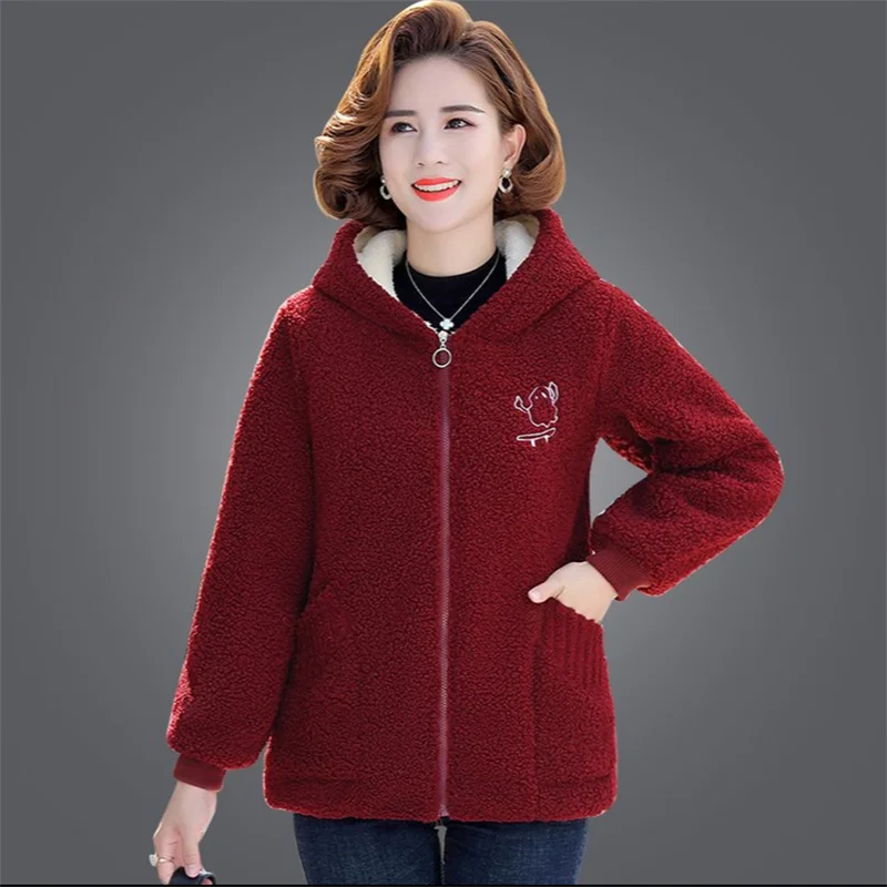 Middle-aged Elderly Womens Lamb Wool Coat Winter Plus Velvet Cotton Jacket Loose Female Hooded Overcoat