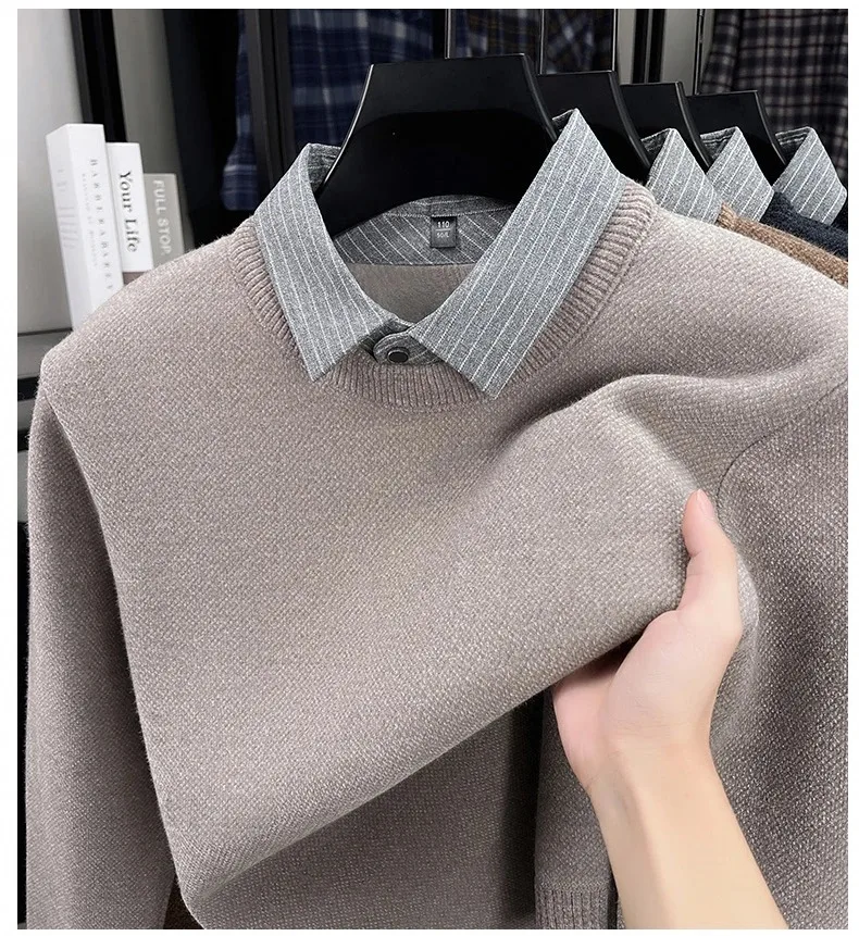 Hochwertiger, warmer Plüsch-Strickpullover für Herren, Herbst-Winter-Komfort, lässige Mode, gefälschter zweiteiliger gestreifter Hemdkragen-Pullover – Detail 9