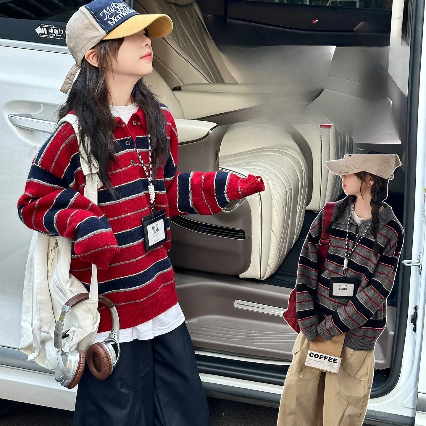 autumn winter teen girl striped polo collar sweater Korean lapel button up cardigan long sleeved knit sweater junior kid outfits