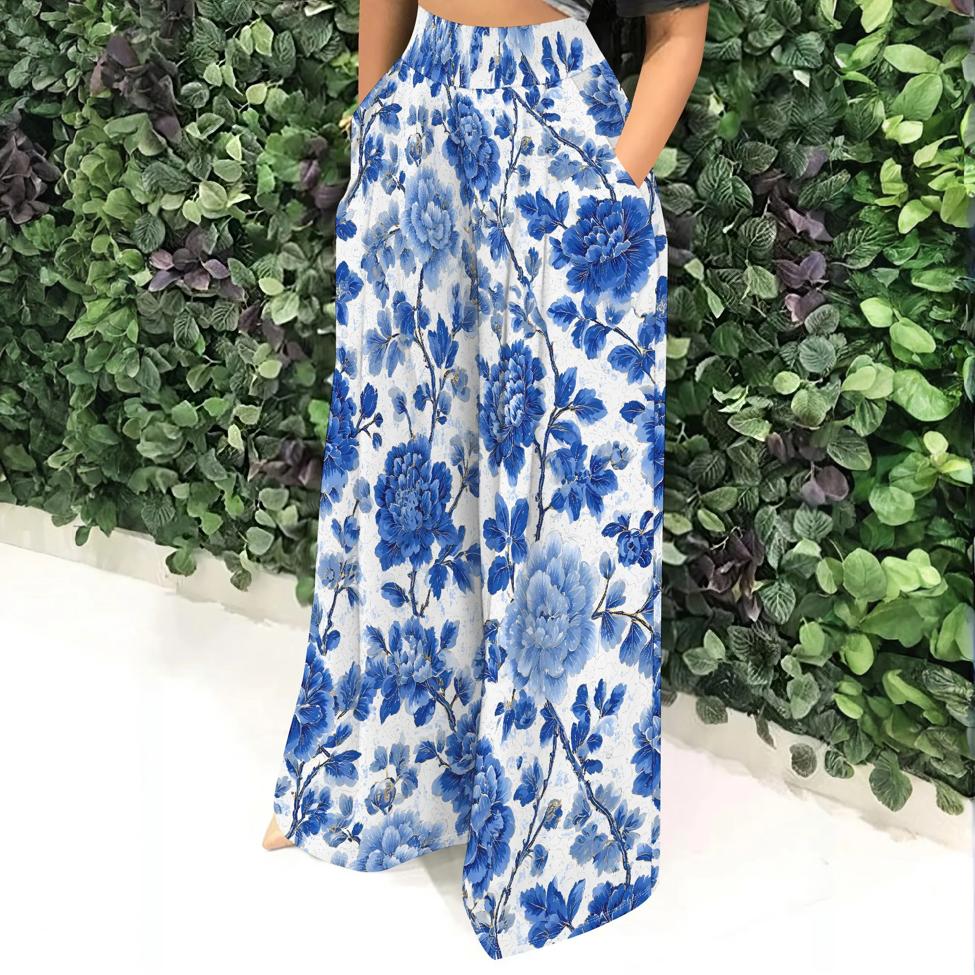 Floral High Waist Wide Leg Pants, Blue Flower Print Casual Trousers, Pockets Beach Summer Wear for Women, S-2XL