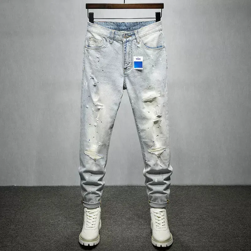 

Street fashion men's jeans retro elastic tight slit jeans men's designer hip-hop retro denim light gray blue pants hombre