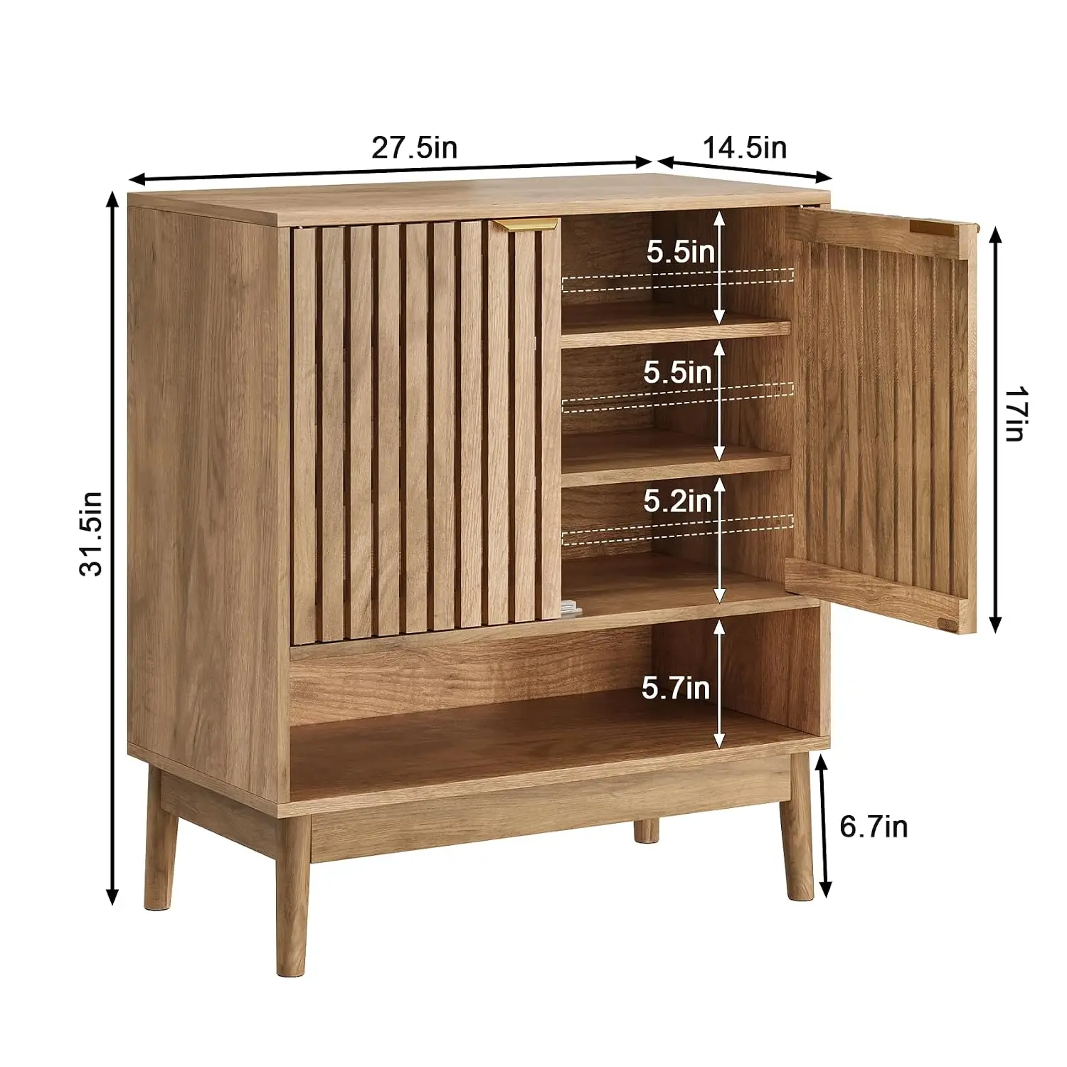 Shoe Cabinet with Slatted Doors Freestanding 4-Tier Storage Organizer Shelves Entryway Hallway (Oak 27.6