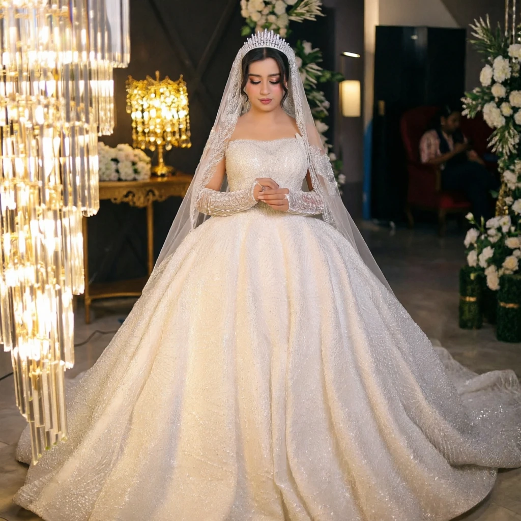 

Customized Luxury Ball Gown Wedding Dress Elegant Long Sleeve Beaded Lace Applique Cathedral Train Bridal Gown Vestidos De Novia
