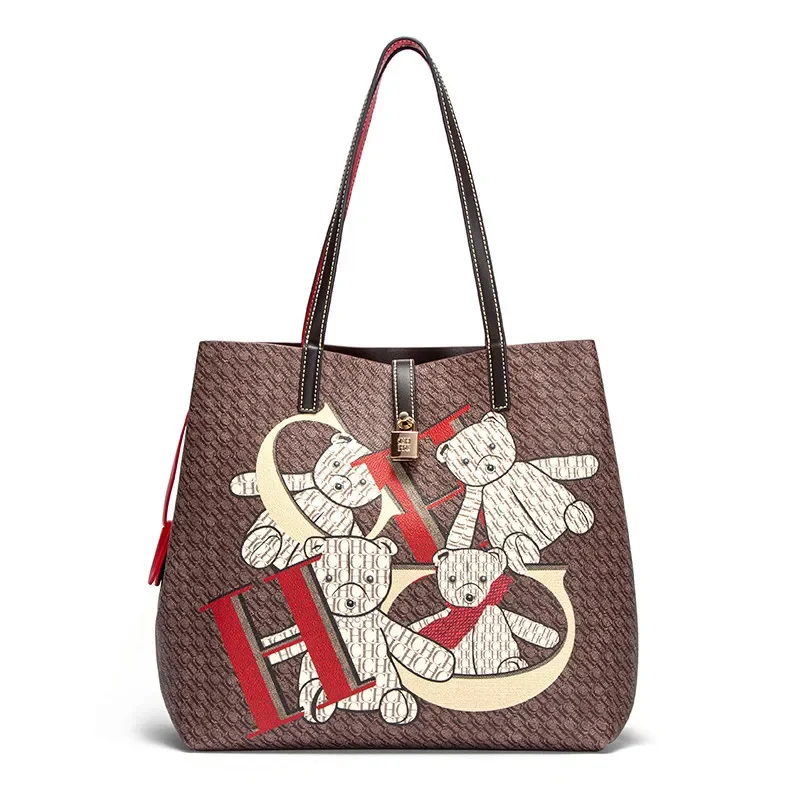 

Luxury Brand Classic Women's Commuter Travel Bucket Bag Vintage 2025 Cartoon Bear Pattern Large Capacity Women's Tote Bag