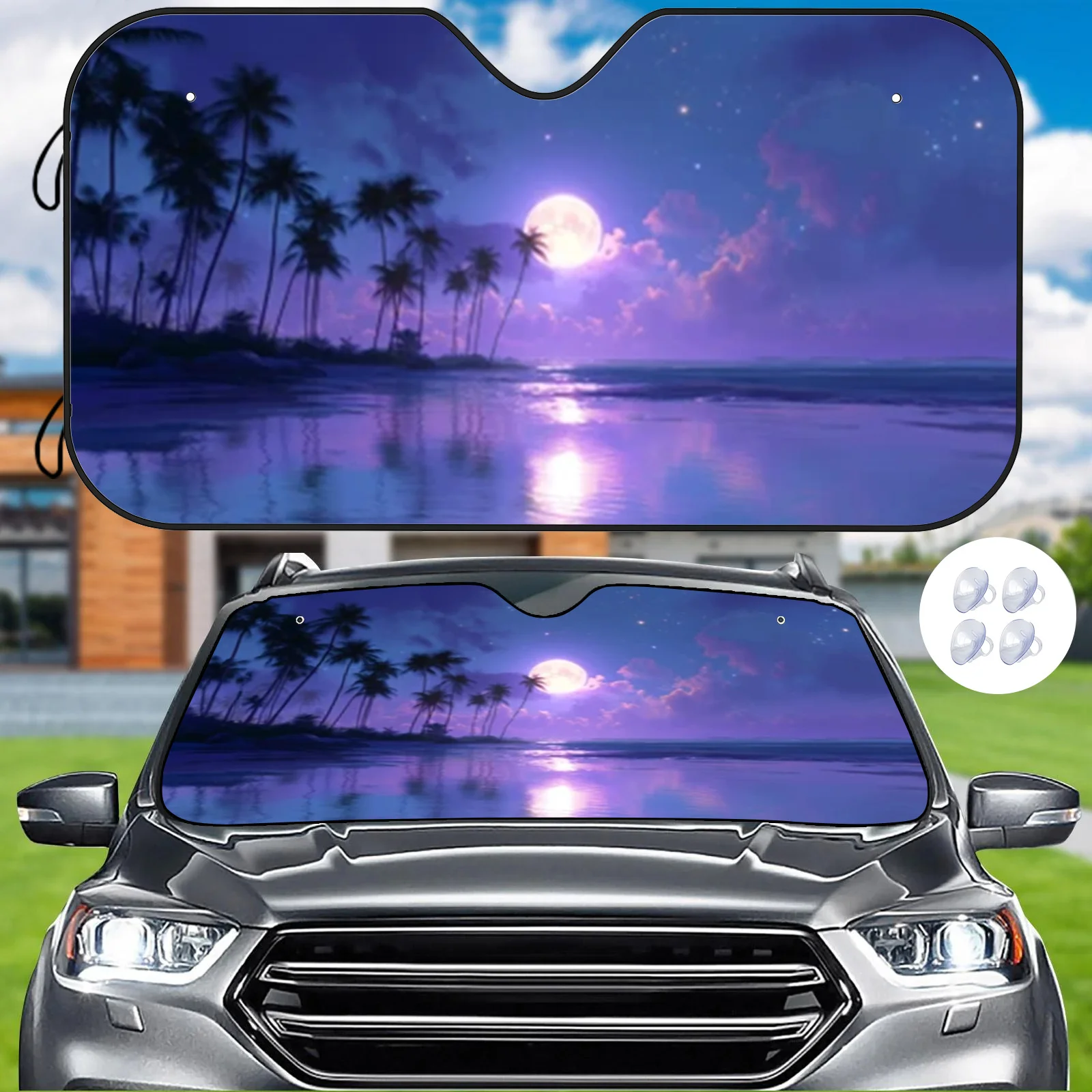 

1pc Purple Moon Beach Car Sunshade With Tropical Palm Tree & Starry Sky Design - Fit Heat Insulation Scratch-Resistant UV Protec