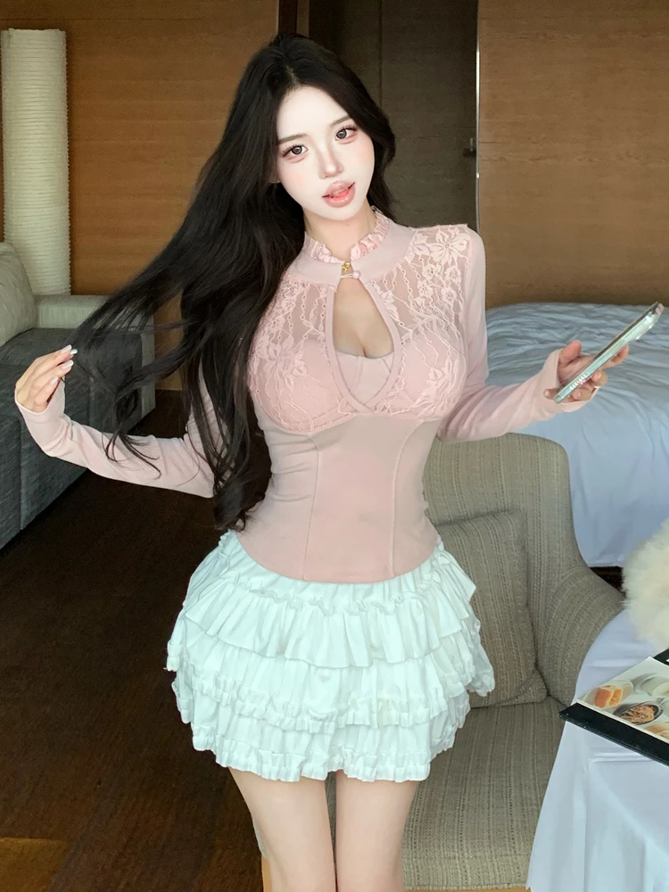 

Ретро-комплект из двух предметов: топ с длинными рукавами и кружевными вставками и юбка-кейк, с милым ажурным дизайном, женский модный ансамбль